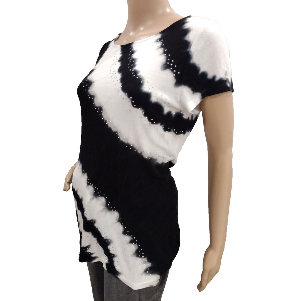Women's Medium Black & White Rhinestone Tie Dye Stretchy Blouse Top